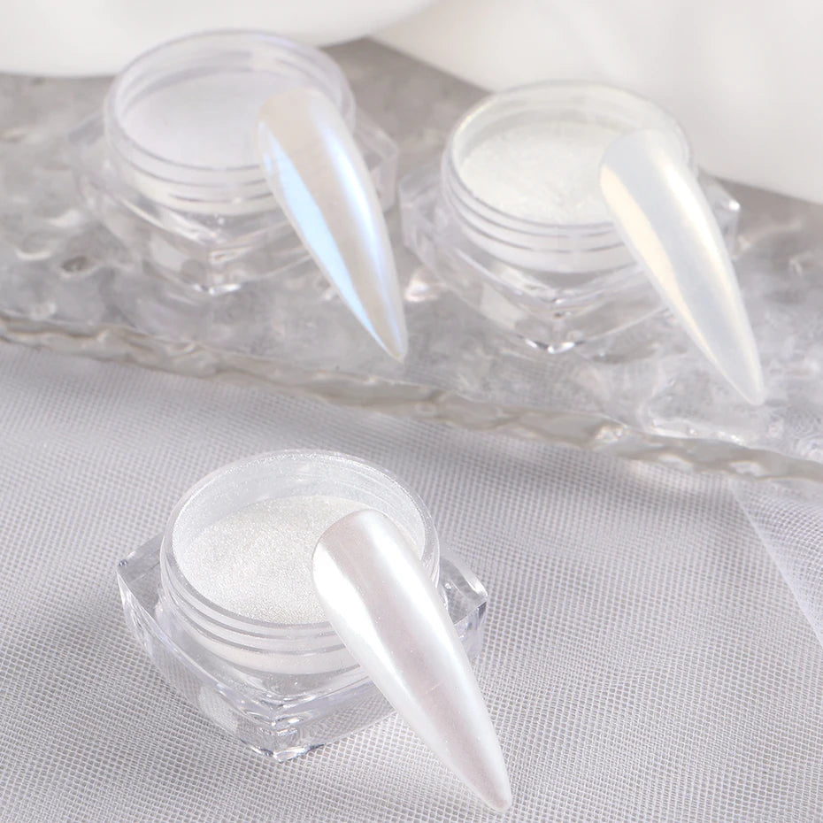 Moonlight Pearl White Nails Glitter Dust Chrome Aurora White Rubbing on Powder Shell Mirror Pigment Nail Art Supplies Decoration