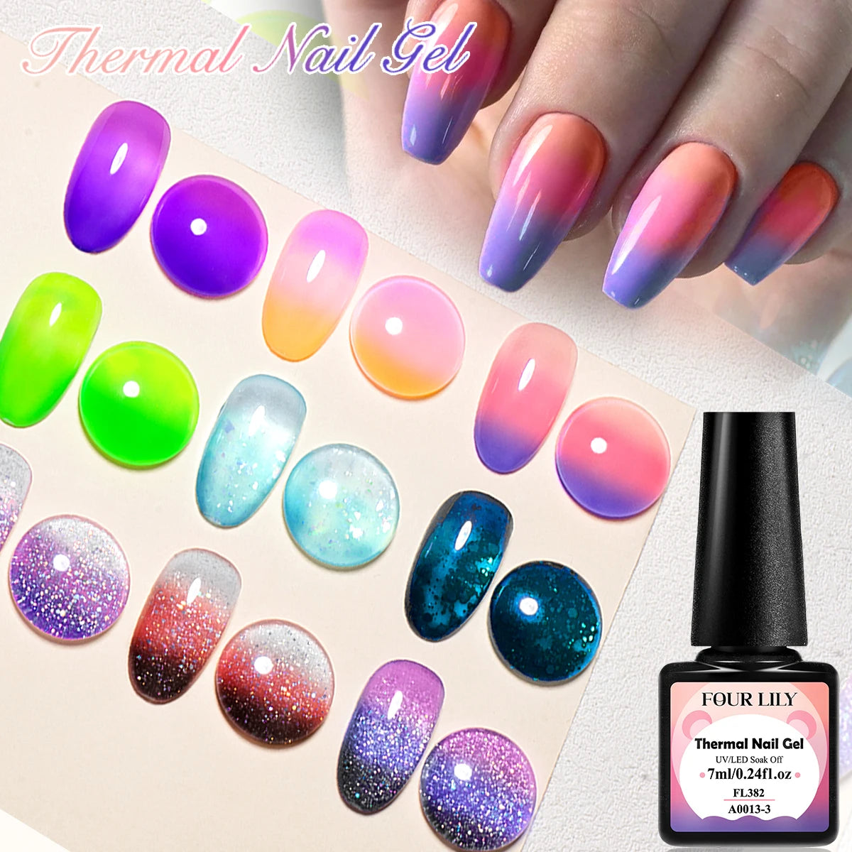 FOUR LILY 7ml Thermal Nail Gel Polish 3 Colors Changing Semi Permanent Soak Off UV/LED Nail Supplies Gel for Manicure Design