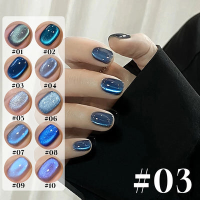 MIANEL 12ML 1-10pcs Summer New Style Blue Glass Bead Cat Eye Gel Nail Polish Blue Crystal Nail Polish Blue Nails White Nails