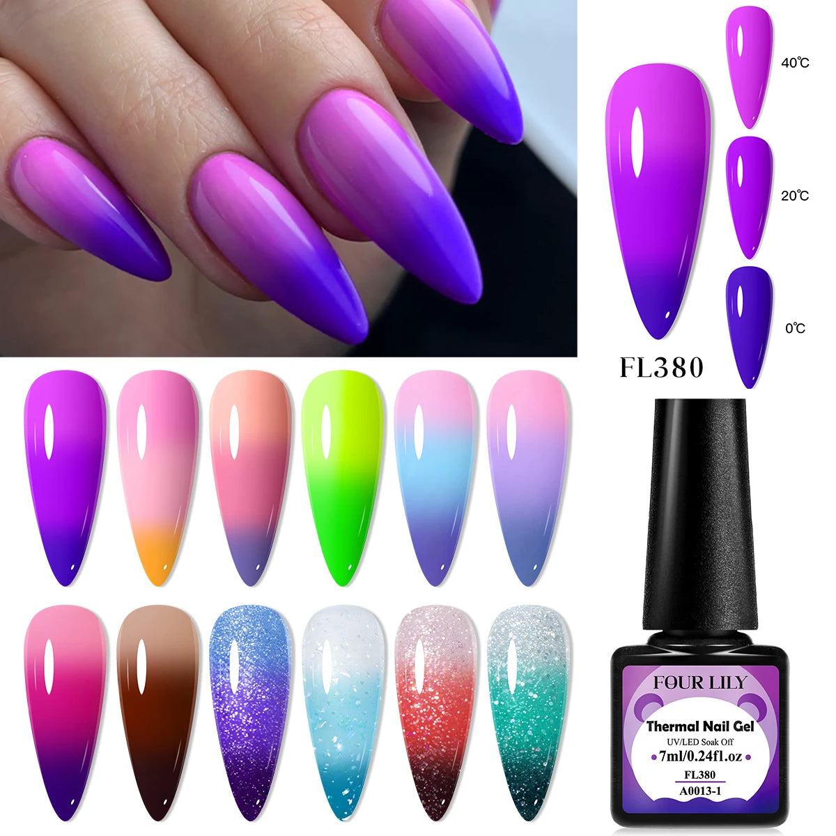 FOUR LILY 7ml Thermal Nail Gel Polish 3 Colors Changing Semi Permanent Soak Off UV/LED Nail Supplies Gel for Manicure Design