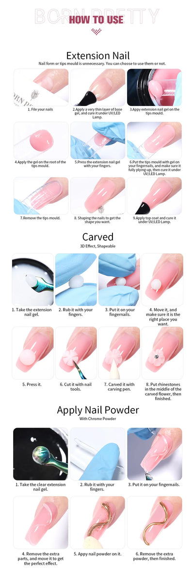 BORN PRETTY 15ml Clear Non Stick Hand Extension Gel 3D Shaping Sculpting Carving Nail Art Solid Hard Gel for Fake Nail