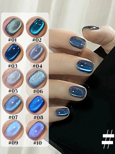 MIANEL 12ML 1-10pcs Summer New Style Blue Glass Bead Cat Eye Gel Nail Polish Blue Crystal Nail Polish Blue Nails White Nails